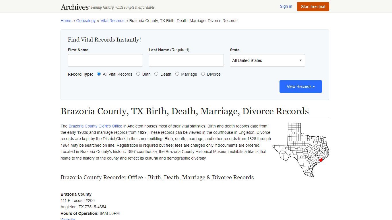 Brazoria County, TX Birth, Death, Marriage, Divorce Records